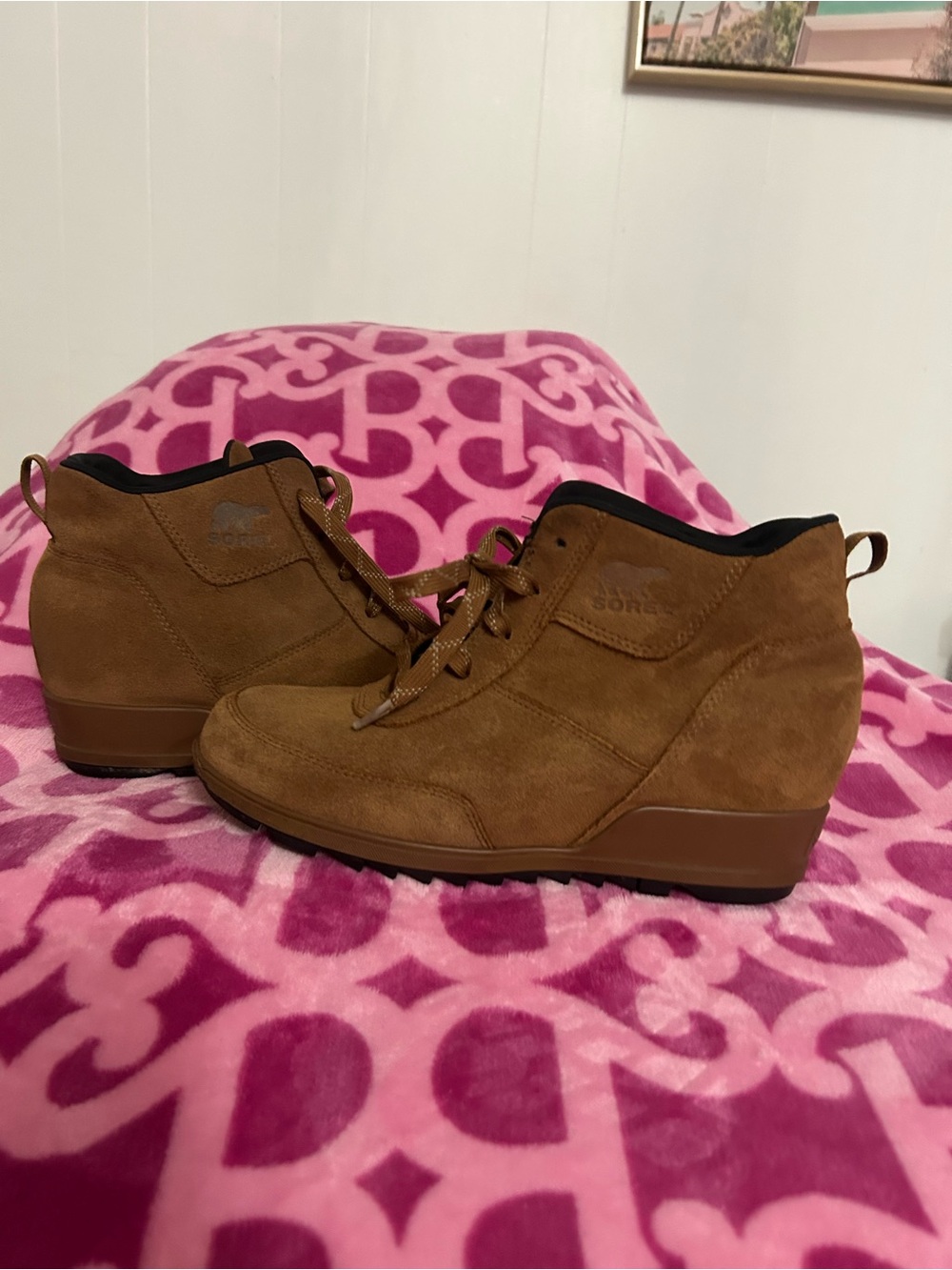 Sorel Tan Suede Wedge Lace-Up Ankle Shoe